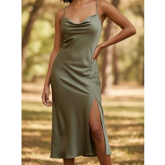 ASTR The Label Dresses & Skirts - Women’s ASTR The Label Gaia Cowl Neck Satin Olive Green Dress Size Small